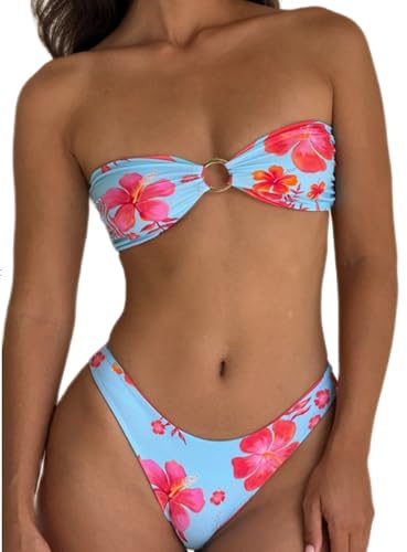 Acrawnni Womens Bikini Set Triangle Swimsuit Flower Print Strapless Tube Tops with Thong 2 Pcs Set Sexy Bathing Suits (A-Light Blue, S)
