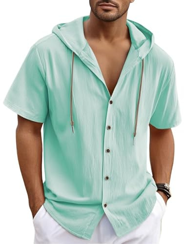 Bsrpolry Camisa de hombre de algodón y lino, con capucha, manga corta, para la playa, de verano, elegante, L