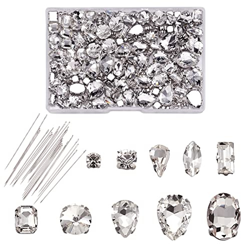 PandaHall - Strass da cucire in vetro, con incastonatura, cristalli sintetici con fori e aghi, per fai da te, decorazione di vestiti, scarpe borse - 180 pezzi