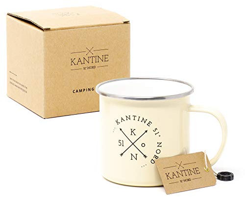 Kantine 51° Nord ® Camping Tasse 450ml | Bruchsichere Emaille Kaffeetasse mit Edelstahl Rand I Kaffeebecher für Outdoor I Emaille Tasse