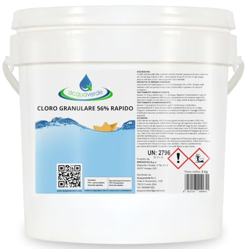 acquaverde | Cloro Granulare 56% Rapido per Piscina - 5 kg, Dicloro Stabilizzato a Rapida Dissoluzione per Trattamento Shock, Mantenimento, Iperclorazione, Pulizia ed Igiene dell'Acqua di Piscine