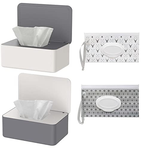2 Stück Feuchttücher Box und 2 Stück Feuchttücher Tasche Set, Baby Feuchttücherbox, Feuchte Toilettenpapier Box, Taschentuch Aufbewahrungsbox, Feuchttücher Spender, Serviettenbox Mit Deckel