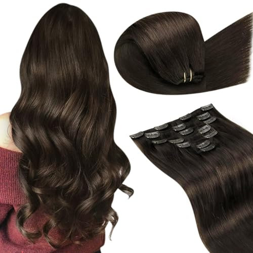 LaaVoo Clip in Extensions Echthaar Braun Clip Extensions 105g Haarverlängerung Echthaar Clips in Extensions Voller Kopf 40 cm 7pcs 105g #2
