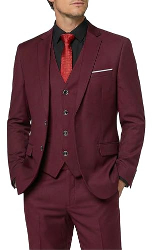 Hihawk Men's 3 Piece Suit with Tie, 2 Button Slim Fit Solid Blazer Jacket Vest Pants, Business Wedding Party Suits for Men, Burgundy Medium