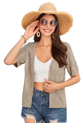 GRACE KARIN Women's Cardigan Short Sleeve V-Neck Button-Up Summer Sweater Hollow Out Crochet Knitwear Deep Flower Apricot XL