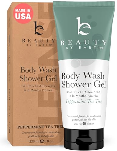 Beauty by Earth Peppermint Tea Tree Oil Shower Gel Body Wash - Made in USA with Organic & Natural Ingredients, Mens Body Soap Liquid, Moisturizing Cleansing Gel for Men & Women, Non Toxic Body Wash