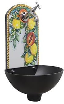 Petra Wandbrunnen mit Front aus Lavastein, handbemalt, Dekor Zitronen und Granatäpfel, Schale aus Aluminium, komplett mit Wasserhahn (Messing verchromt)