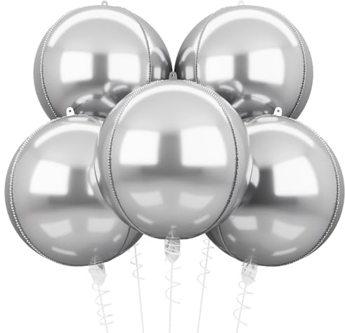 Silverfolieballonger, 5 st 56 cm stora 4D runda mylar-ballonger i silver metallisk silverballong för bröllop babyshower silver födelsedagsfest dekorationer