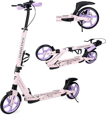 Scale Sports Kick Scooter - Patinete plegable de 2 ruedas para niños de 8 a 12 años, adolescentes y adultos, manillar ajustable, ruedas grandes de poliuretano de 200 mm, frenos de disco y pie, correa