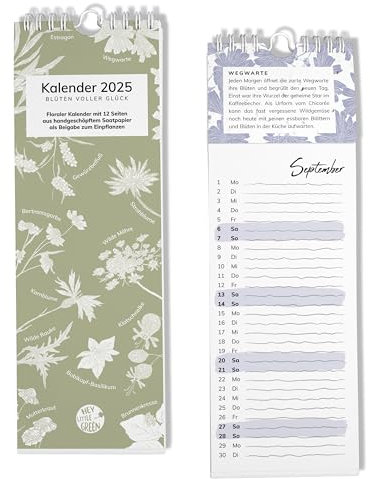 heylittlegreen Einpflanzbarer Wandkalender 2025 | Streifenkalender mit 12 Blättern aus handgemachtem Saatpapier | schmaler Kalender zum Eintragen von Terminen & Geburtstagen | nachhaltige Geschenkidee