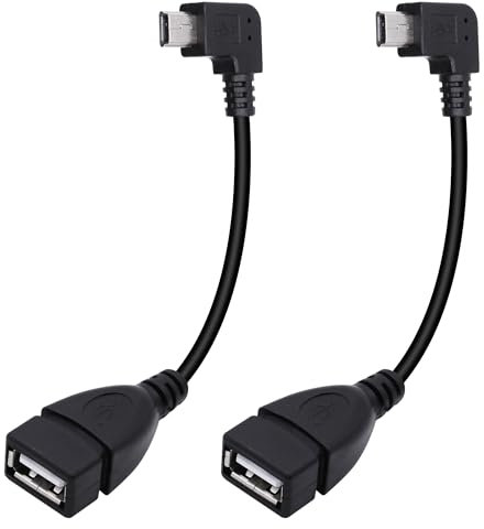 Xilaghy Cable adaptador mini USB a USB A OTG de 90 grados, ángulo recto, mini USB de 5 pines tipo B macho a USB tipo A hembra, cable adaptador para cámaras digitales, negro, 14 cm (2 unidades, derecha