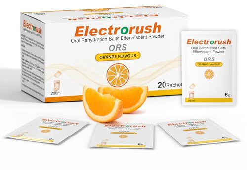 Electrorush ORS (Oral Rehydration Salts) Fast & Effective Orange Flavour Effervescent Supplement for Reducing Dehydration & Replacing Electrolytes (Mineral Salts) of Lost Body Water & Salt 20 Sachets