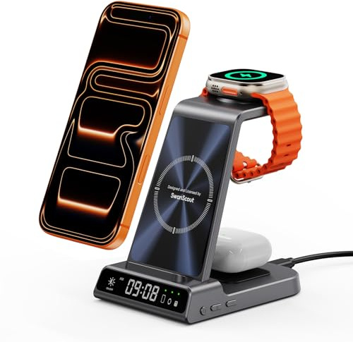Caricatore Wireless 3-in-1 per iPhone Air/17/16/15/14/13/12, per Apple Watch Ultra 3/11/10/9/8/7/SE 3 e AirPods/Pro/4/3, SwanScout C02A