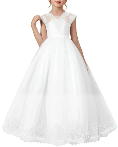 YALLET 5Y 6Y Flower Girls Dresses Stain Sleeveless Wedding Party Dress Lace Tulle Girls Ball Gown with Bowknot for Valentine's Day Easter Wedding Party Birthday Special Occasion(White,5-6 Years)