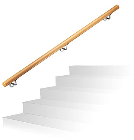 Relaxdays Main courante en bois de hêtre 1500 mm/150 cm/1,5 m Fixation murale avec chevilles, Ø 42 mm