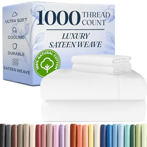 1000 Thread Count Queen Sheet Set - 100% Cotton Bed Sheets - Softer Than Egyptian Cotton - 4-Piece White Queen Set - Soft Sateen Weave - Hotel Luxury Bedding, 16 Deep Pocket Fits up to 17 Mattresses