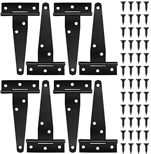 8 Pièces Noir Charnières en T de Porte avec Vis, 4 Pouces Charnières à Sangle en T, Charnières de Porte de Grange, Robuste Charnières de Portail en T pour Clôtures en Bois Cabanons Armoires Fenêtre