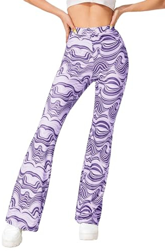 EVELUST Festival Flare byxor för kvinnor – 70-tals outfit hippie-kläder blomma hög midja breda ben stil leggings rave disco kostym palazzo utsvängda byxor sommar klocka nederdel, violett, M