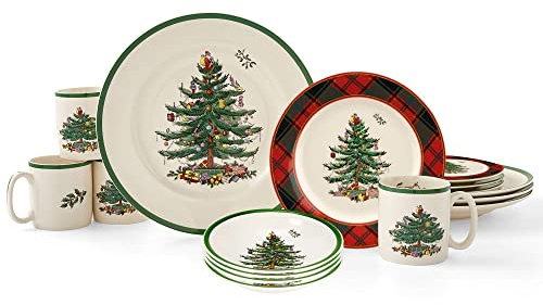 Spode Christmas Tree 16-Piece Tartan Dinnerware Set (Service for 4) - Festive Holiday Tableware with Plates, Bowls, Mugs - Porcelain Christmas Dinnerware - Microwave & Dishwasher Safe