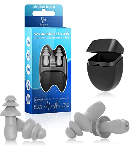 Schwimm Ohrstöpsel, 2 Paar wasserdichte, wiederverwendbare Silikon-Ohrstöpsel mit abnehmbarer Schnur – Gehörschutz für Schwimmen, Duschen, Surfen, Pool, Arbeit, Schlaf, Lernen und laute Umgebungen