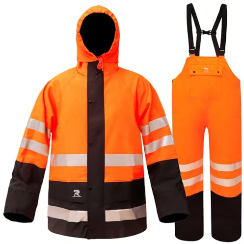 RainRider Rain Suits Waterproof for Men & Women Heavy Duty Rain Gear High Visibility Reflective Jacket Bib Pants 3 Pieces Rainwear(Orange,3XL)