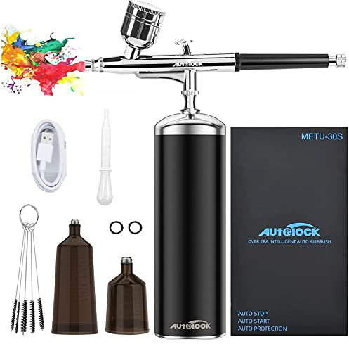 Autolock Juego de pistola de pulverización de 30 PSI con compresor, kit de aerógrafo portátil y kit de aerógrafo de mano recargable para maquillaje, decoración de pasteles, modelismo, arte