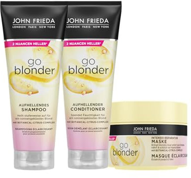 John Frieda Go Blonder Vorteilsset: Shampoo, Conditioner, Maske (Je 250 ml) - Schutz Vor Haarschäden - Aufhellend - Für Blondes, Blondiertes Haar