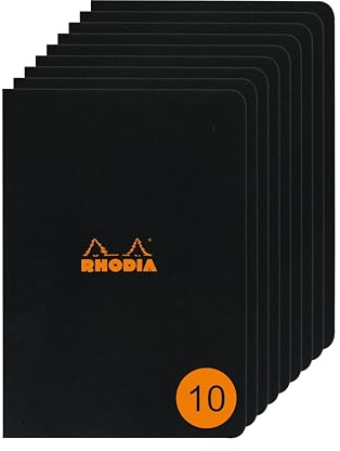 Rhodia 119169Cpack - Set of 10 Black Staplebound Notebooks - A4 - Ruled - 96 pages - Clairefontaine White Paper 80 g/m² - Waterproof Soft Coated Card Cover