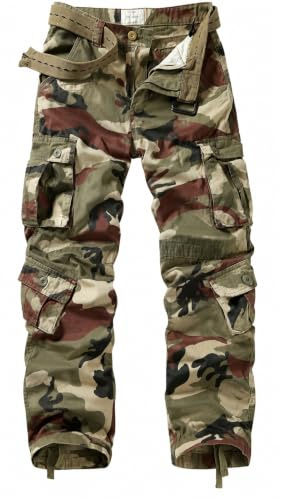 VATINNT Cargo Trousers Men's Cotton Combat Trousers | 9-Pocket Camo Trousers Casual Work Pants for Hiking, Fishing, Camping and Outdoor Activities No Belt