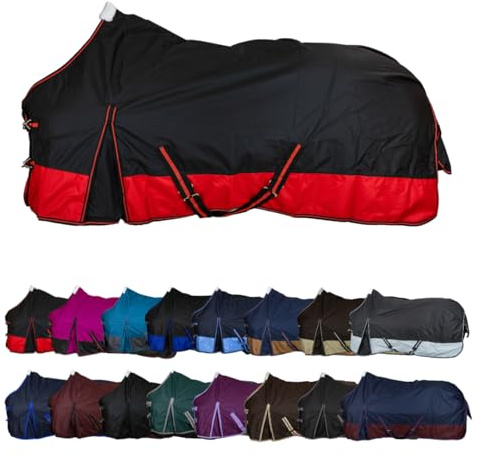 RL24 - Weidedecke 600D Basicline – Regendecke & Übergangsdecke – Wind- & wasserdichte Outdoordecke mit Innenfutter & Kreuzbegurtung – Pferdedecke in Schwarz/Rot – 145cm (Polarfleecefutter)