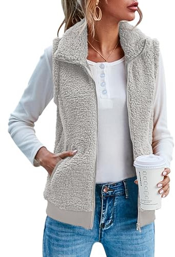 IECCP Damen Fleece Weste Jacke Standkragen Ultraleicht Outdoor Westen Tops mit Taschen Reißverschluss Gilets Damenweste(Helles Grau,M)