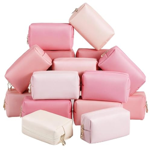Kigeli 15 Pcs Leather Makeup Bags Bulk Aesthetic Plain Cosmetic Pouches | Waterproof Toiletry Bags Leather Makeup Pouch for Women Party Gift Travel Storage Organizer, Pink Series, 7.1 x 2.8 x 4.3 in