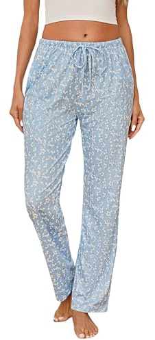 Jahetuul Pantalon Pijama Mujer Largo Ancho de Algodón con Bolsillo y Cordón Suave y Cómodo