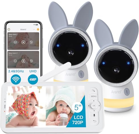 ARENTI 2.5K 5Ghz Wifi Baby Monitor with Two Cameras,Pan Tilt,5 Inch 720P Display,RGB Night Light,3350mAh Battery,One-Touch Call,Cry Detection,Auto Tracking,Night Vision,2 Way Talk,Twins