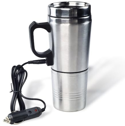 12V Car Heating Cup, Stainless Steel Electric Car Kettle with Cigarette Lighter Plug, Portable Travel Insulated Heated Mug, Vehicle Heated Coffee Cup Mug Warmer, for Hot Water Tea Coffee Making