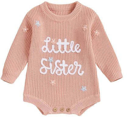 XIXIMAON Baby Girl Sweater Little Sister Flower Embroidery Long Sleeve Crew Neck Knitted Rompers Newborn Autumn Winter Bodysuits Girls Jumpsuit 0-12M