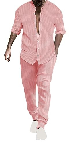 Set da uomo a righe con colletto Hengli camicia pantaloni casual cotone lino set spilla fiore per abito da uomo, rosa, L