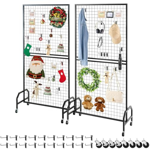 VEVOR Paneles de Pared de Rejilla, 2 Unidades, Expositor enrollable 898 x 400 x 1798 mm con 20 Ganchos, Estantes de Acero al Carbono, Expositores para Decoración y Almacenamiento, Negro