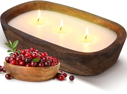 Threlaco 1 Pack 10 Inch Wood Dough Bowl Candles Home Rustic Dough Bowl Soy Candle 3 Wick Scented Candles Gifts for Men Women Farmhouse Table Centerpiece Home Decor for Christmas(Cranberry)