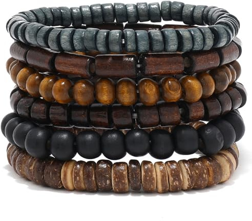 SSKHE Juego de 6 pulseras de cuentas para hombre, pulsera de cuentas de madera multicapa, pulsera gótica ajustable, elástica, natural, retro, meditación, oración, brazalete envolvente, conjunto de