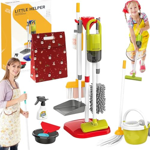 22/29 Pièces Aspirateur Enfant Fonctionnel,Aspirateur Jouet Enfant avec Balai, SerpillièRe Et Accessoires,Chariot De Menage Enfants pour Filles Et GarçOns De 3 à 6 Ans (Rouge:22pcs)