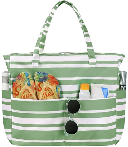 WORPICE Beach Bag with 8 Pockets Large Waterproof Beach Bag | with Zip for Women, Summer Handle zipped Tote for Pool, Travel & Shopping