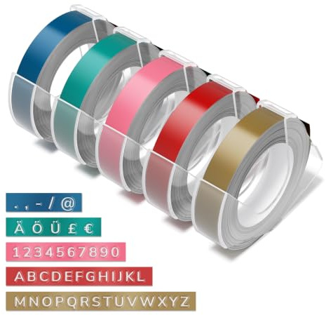 VolenGo Lot de 5 rouleaux de ruban d'étiquettes Dymo pour machine à gaufrer Dymo Omega, bandes de gaufrage 3D pour étiqueteuse Omega-S, or, rouge, rose, vert, bleu, 9 mm x 3 m