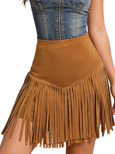 Womern Western Cowgirl Fringe Skirt High Waisted Mini Suede Bodycon Skirts | Country Concert Rave Festival Booty Tassel Bottoms Clubwear