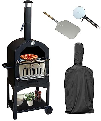 KuKoo - Horno de Acero Multifunción Alimentado con Leña y Carbón para Cocinar a la Piedra Pizza, Carne, Pez y Verdura con Pala para Pizza y Cubierta Impermeable