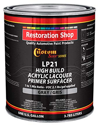 Custom Shop Premium High Build Gray Acrylic Lacquer Primer Surfacer, 1 Gallon - Fast Filling, Drying, Easy Sanding, Excellent Adhesion, Apply Over Metal Steel, Body Filler Putty Automotive Industrial