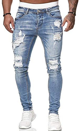Men's Stretch Skinny Ripped Jeans, Super Comfy Distressed Denim Pants with Destroyed Holes(Light Blue, M)
