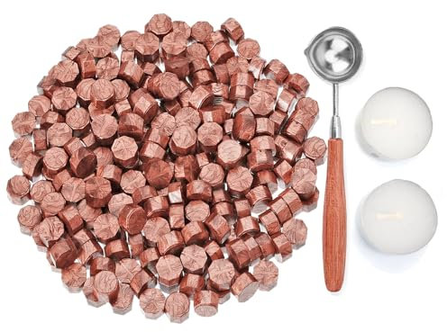 Kelzia Veganes Siegelwachs - Achteckige Siegelwachsperlen mit 2 Teelichtern & 1 Schmelzlöffel, ohne Wachsstempel - Stempelwachs zur Versiegelung & Dekoration von Briefen - 230 Stück (KUPFER)