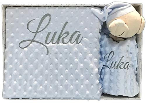 mibebestore Manta Bebé Personalizada + DouDou con Nombre Bordado - Set Regalo Recién Nacido Niña Niño - Mantita Personalizable 110x80cm + Peluche Doudou 28x17cm - Regalos Bebe Baby Shower Bautizo