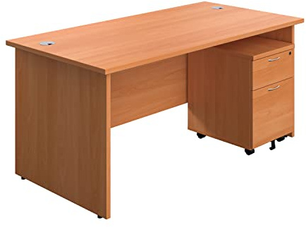 Office Hippo Panel Desk with 2 Mobile Storage Including Filing Drawer, A4, Foolscap, Engineered Wood, Beech, 180 x 80 x 73 cm